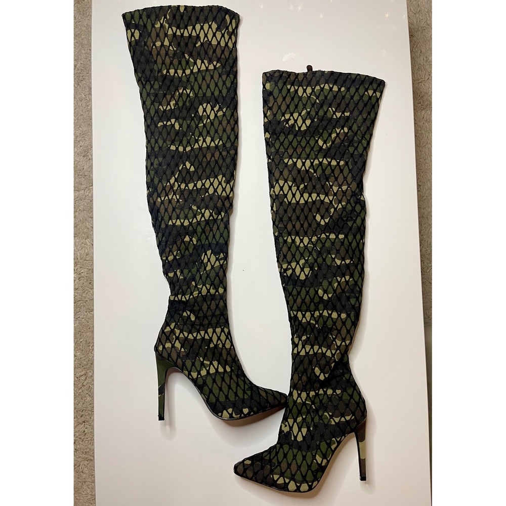 Camo Fishnet Mesh Over The Knee Thigh High Stiletto Boots Green Pointed Toe